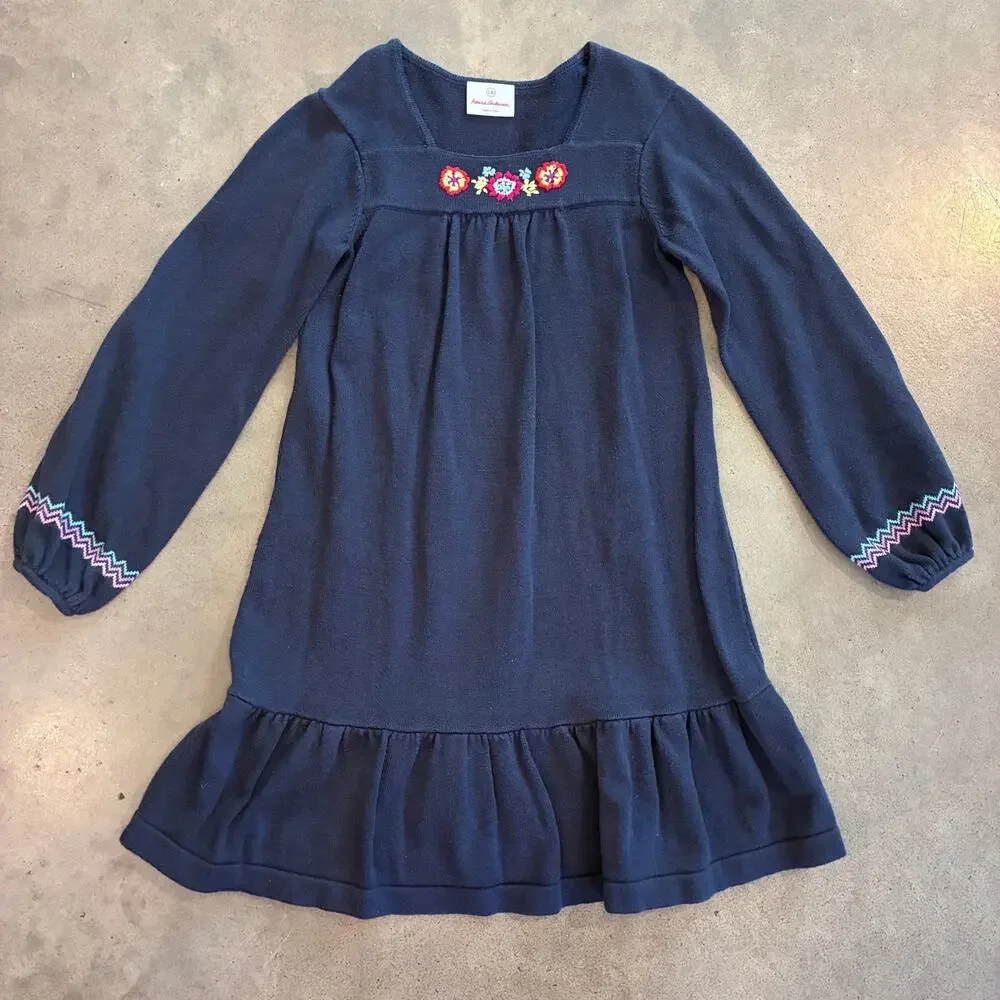 Hanna Andersson navy blue 100 cotton embroidered sweater dress girls 8